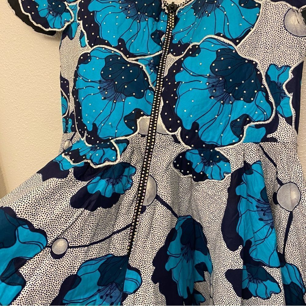 OOAK Custom Blue Floral Rhinestone Rockabilly Pin Up coquette Party Dress 12-14 - Picture 11 of 15
